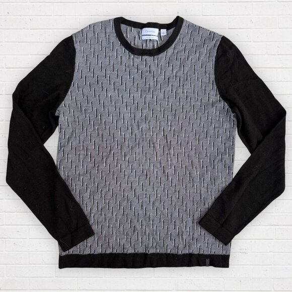 CALVIN KLEIN Men's Black White Geometric Italian Merino Wool Yarn Sweater M - Picture 1 of 7